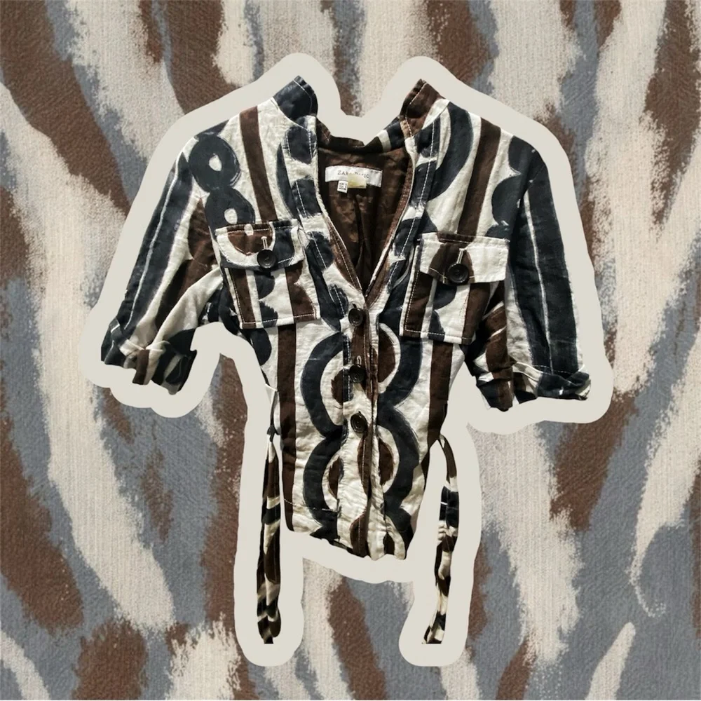 ZARA BASIC Printed Linen Tie Waist Shirt – Brown / Cream / Black – Size S - Picture 2 of 5